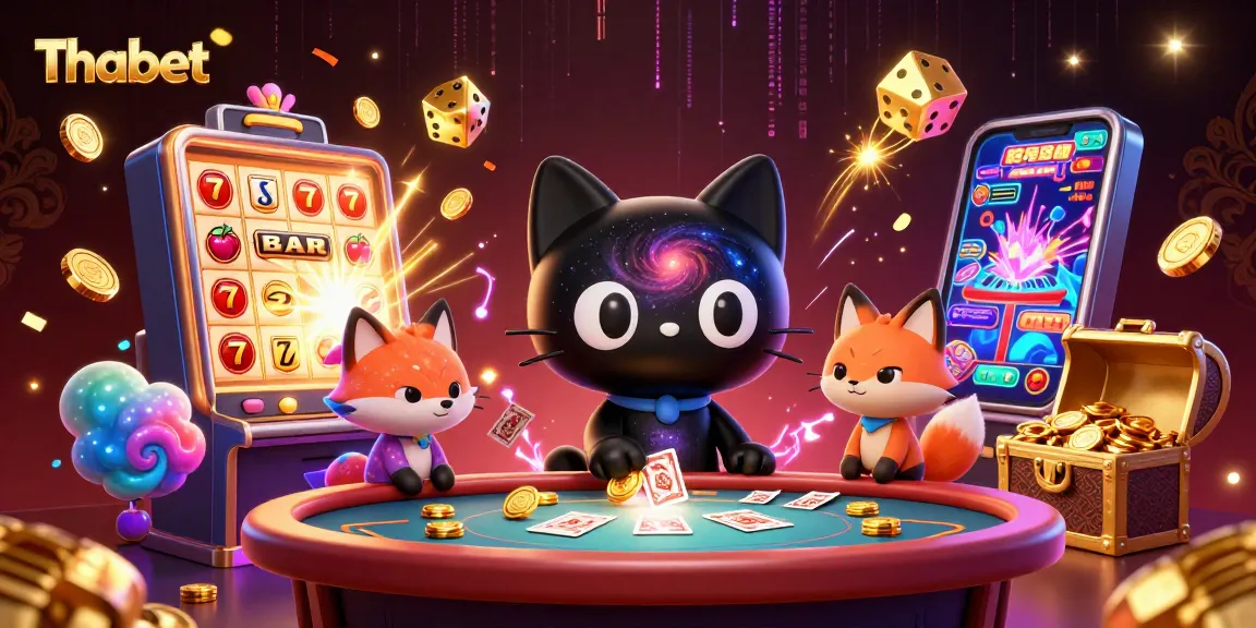 Thabet casino scene showcasing a black hole cat and colorful nebula fox at a cosmic table.