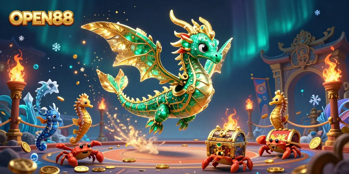 Experience the thrilling world of OPEN88 with a vibrant fish shooting game scene featuring sea dragons and treasure hunts.